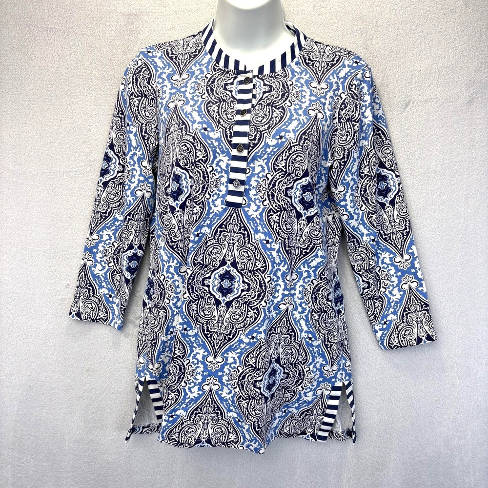 J. McLaughlin Henley Tunic Shirt Womens S Blue Paisley 3/4 Sleeve Catalina Cloth